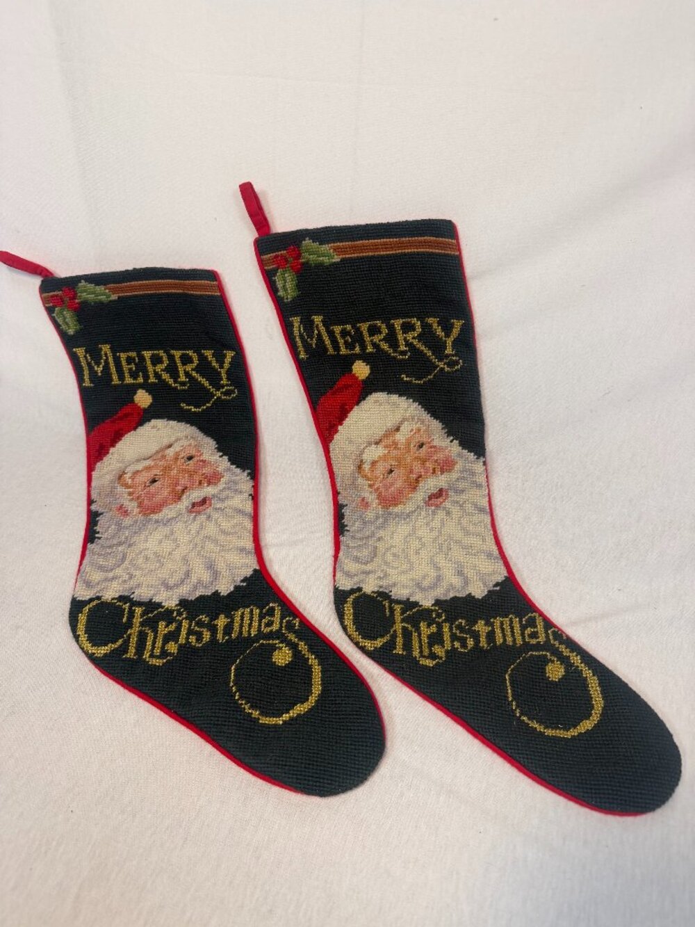 Peking Handicraft Needlepoint Stockings Pair 18" Vintage Wool Christmas Santa